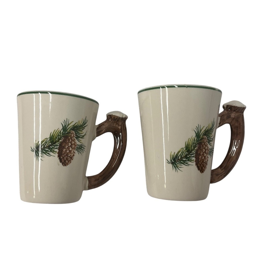 Big Sky Set of 2 Pine Cone Mugs Cabin Lodge‎ Coffee Tea Cup Holiday Decor